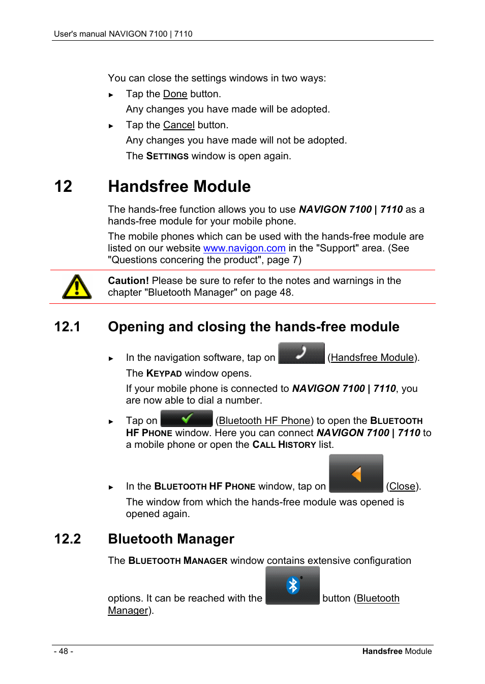 12 handsfree module, 1 opening and closing the hands-free module, 2 bluetooth manager | Handsfree module, Opening and closing the hands-free module, Bluetooth manager | Navigon 7110 User Manual | Page 48 / 60