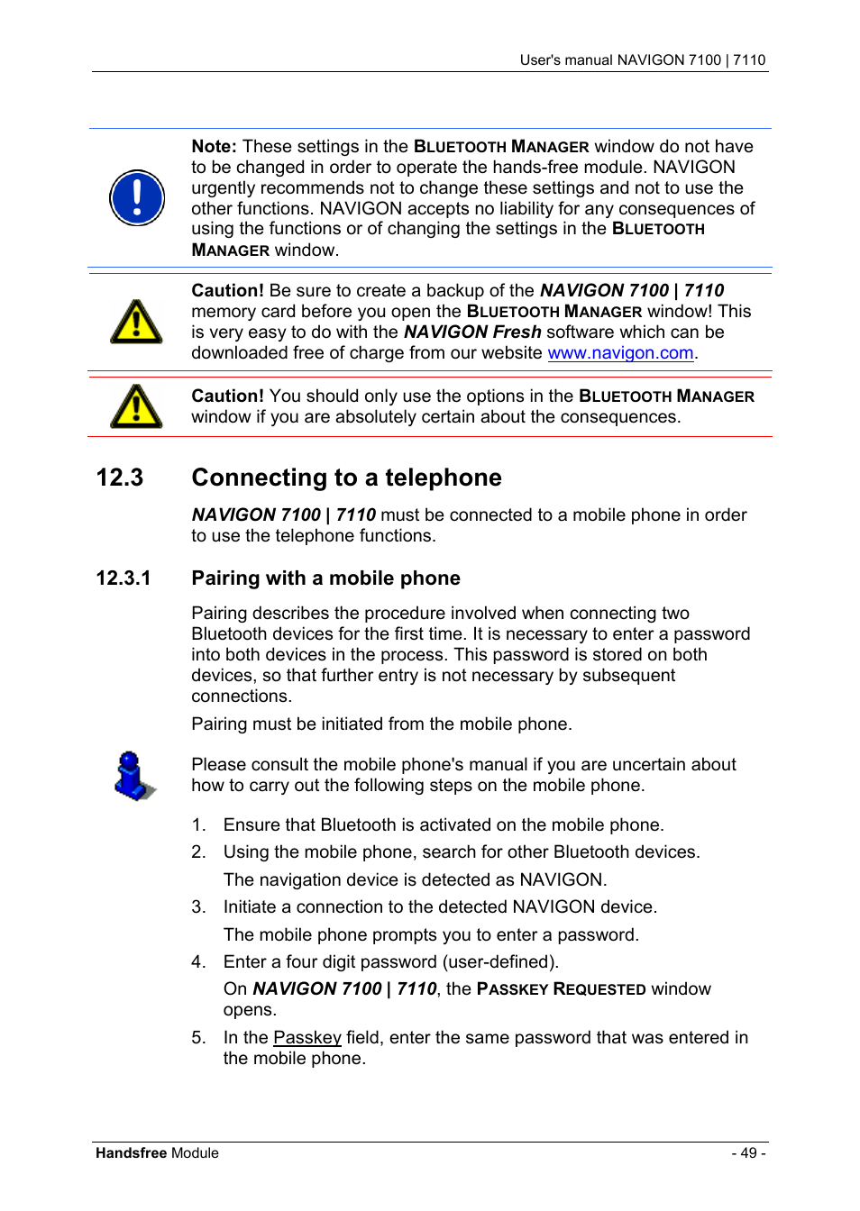 3 connecting to a telephone, 1 pairing with a mobile phone, Connecting to a telephone | Pairing with a mobile phone | Navigon 7110 User Manual | Page 49 / 60