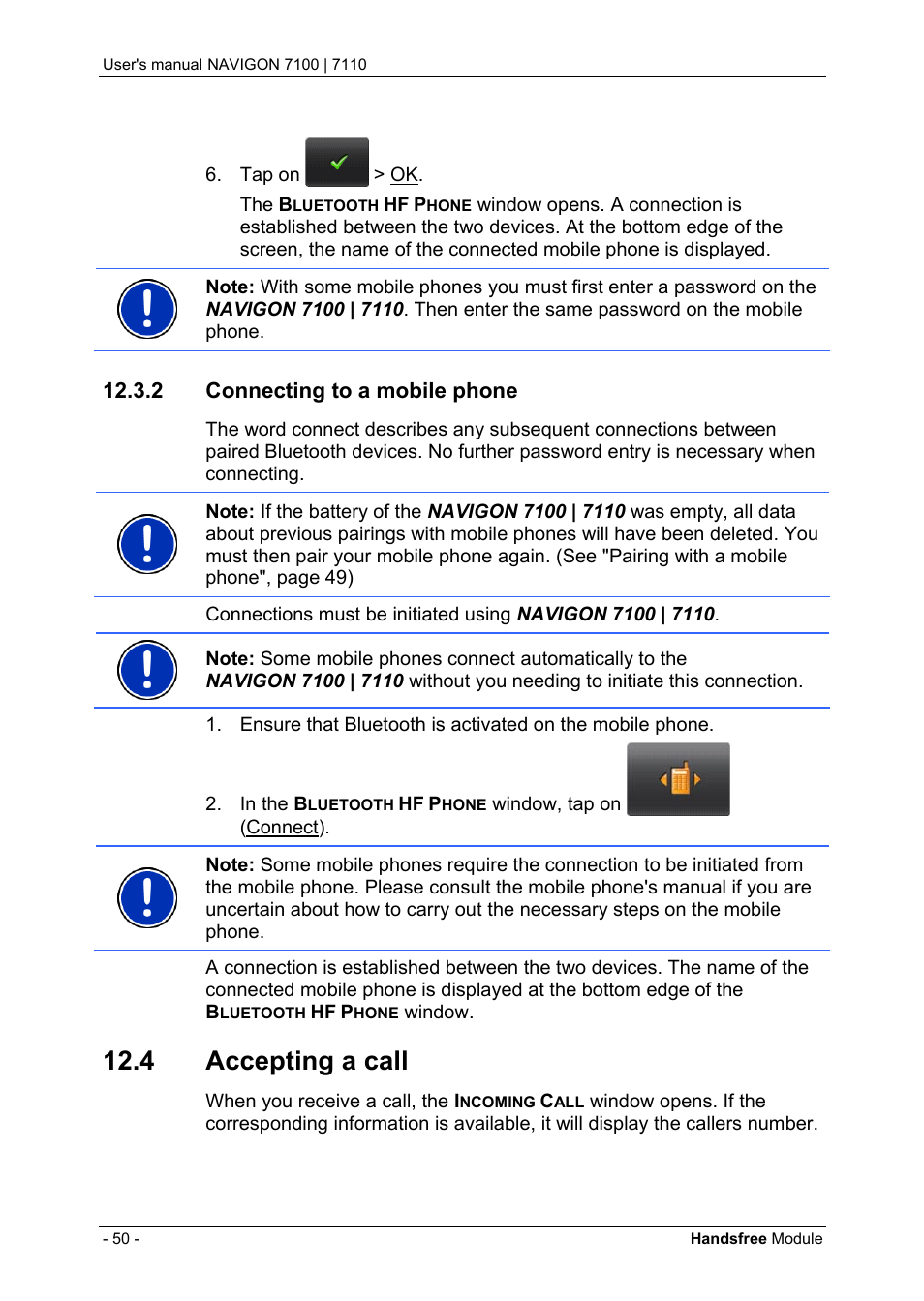 2 connecting to a mobile phone, 4 accepting a call, Connecting to a mobile phone | Accepting a call | Navigon 7110 User Manual | Page 50 / 60