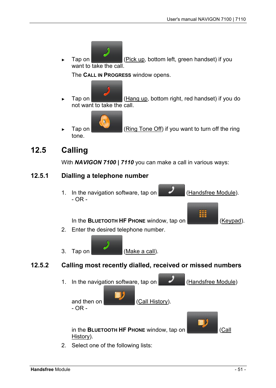 5 calling, 1 dialling a telephone number, Calling | Dialling a telephone number | Navigon 7110 User Manual | Page 51 / 60