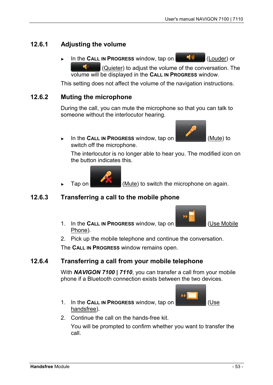1 adjusting the volume, 2 muting the microphone, 3 transferring a call to the mobile phone | 4 transferring a call from your mobile telephone, Adjusting the volume, Muting the microphone, Transferring a call to the mobile phone, Transferring a call from your mobile telephone | Navigon 7110 User Manual | Page 53 / 60