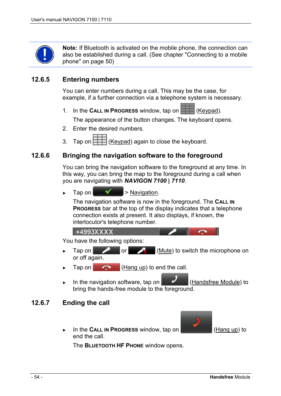 5 entering numbers, 7 ending the call, Entering numbers | Bringing the navigation software to the foreground, Ending the call | Navigon 7110 User Manual | Page 54 / 60