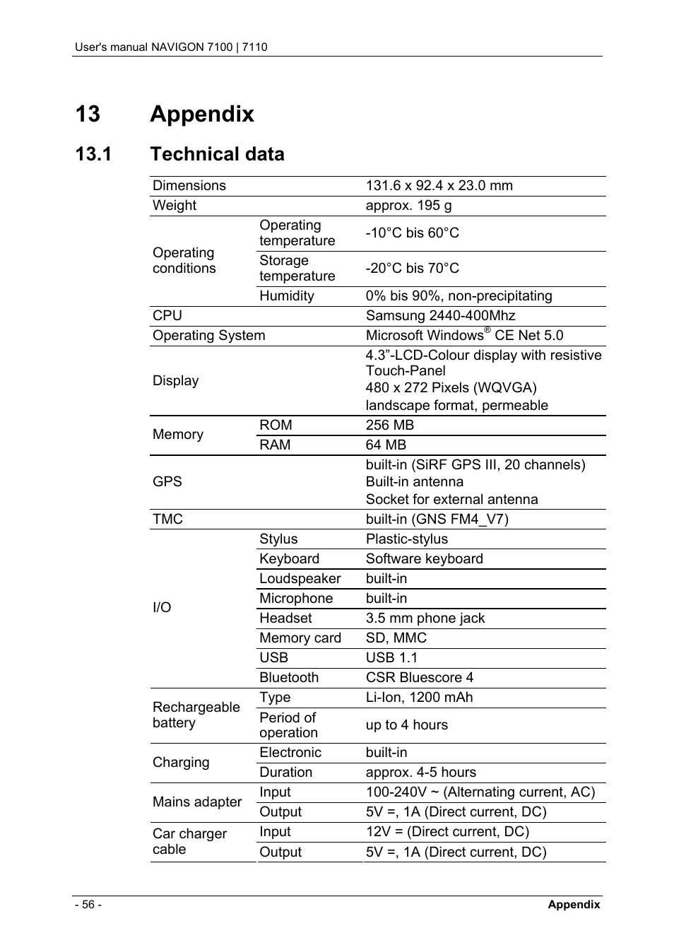 13 appendix, 1 technical data, Appendix | Technical data | Navigon 7110 User Manual | Page 56 / 60