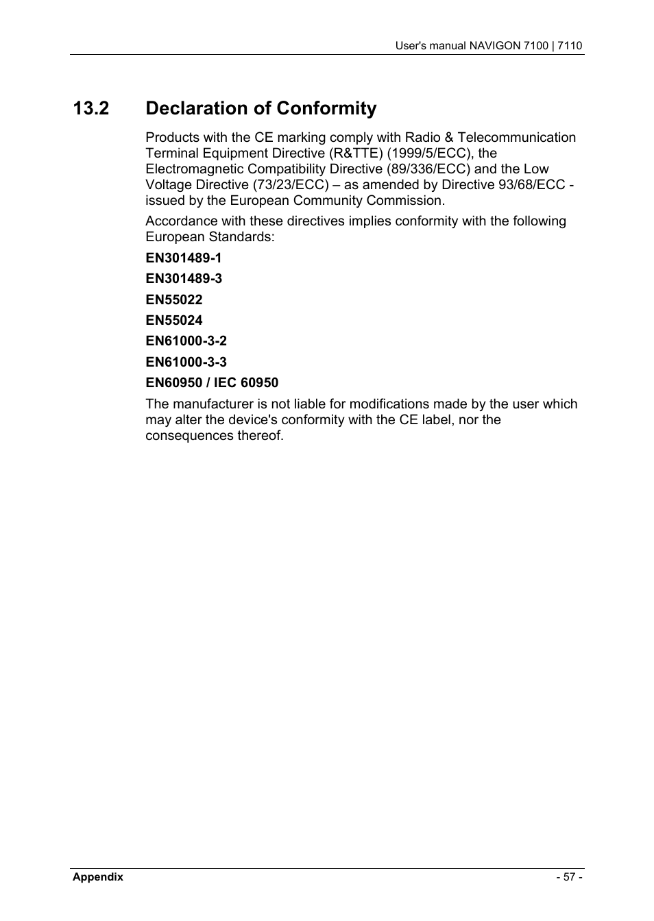 2 declaration of conformity, Declaration of conformity | Navigon 7110 User Manual | Page 57 / 60
