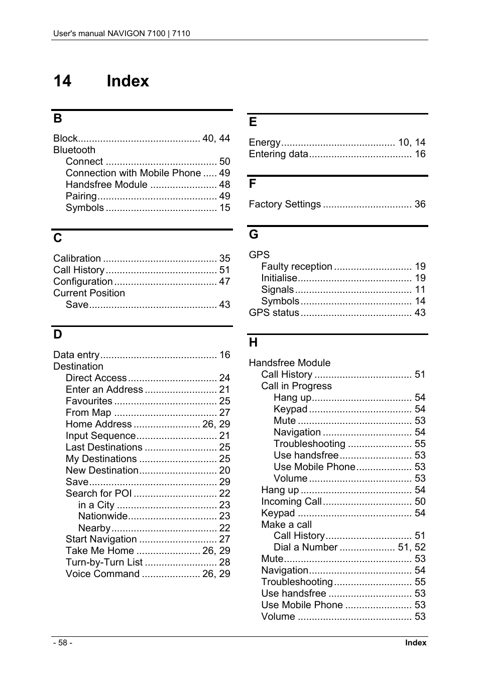 14 index, Index | Navigon 7110 User Manual | Page 58 / 60