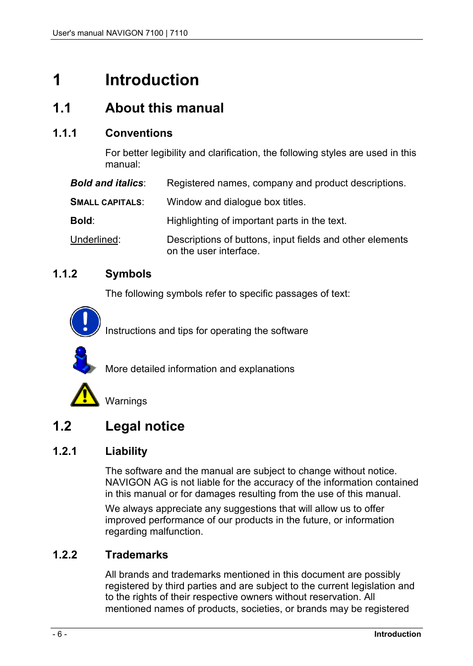 1 introduction, 1 about this manual, 1 conventions | 2 symbols, 2 legal notice, 1 liability, 2 trademarks, Introduction, About this manual, Conventions | Navigon 7110 User Manual | Page 6 / 60