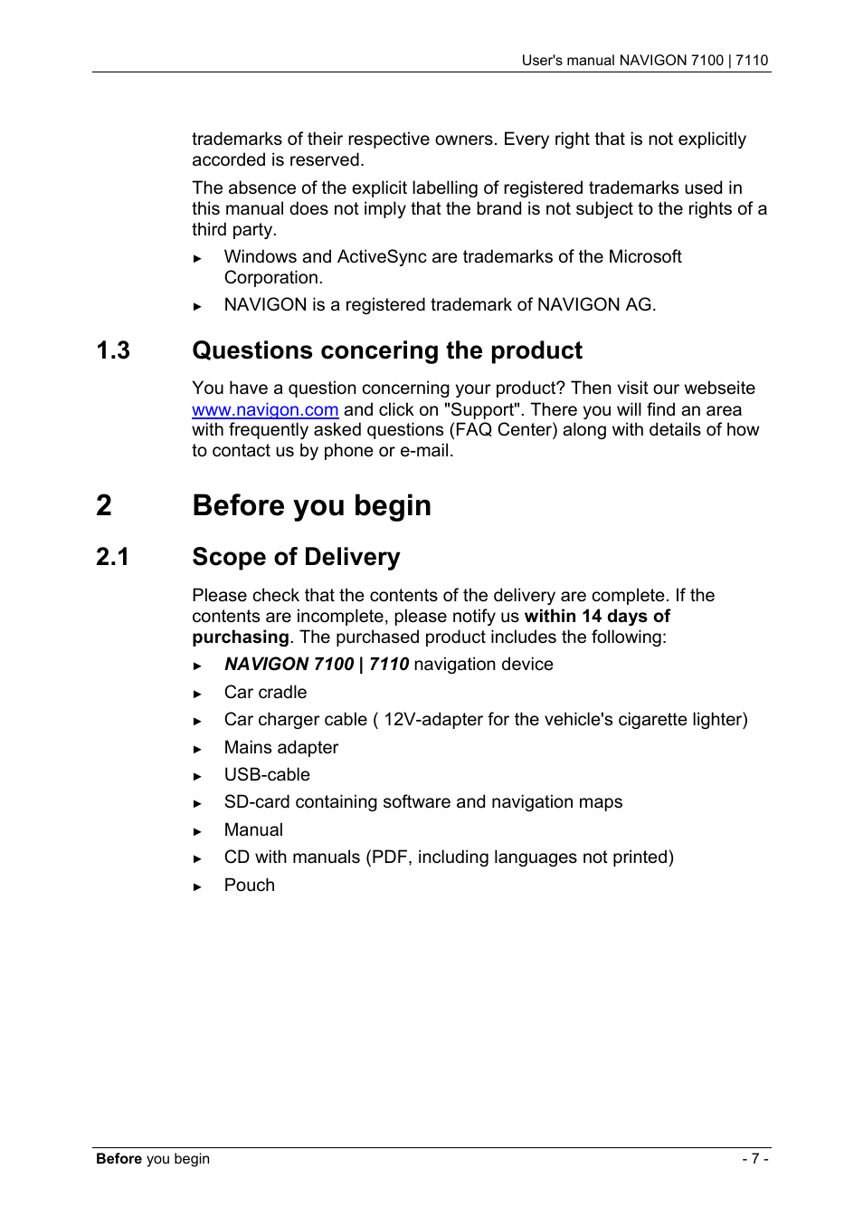 3 questions concering the product, 2 before you begin, 1 scope of delivery | Questions concering the product, Before you begin, Scope of delivery, 2before you begin | Navigon 7110 User Manual | Page 7 / 60