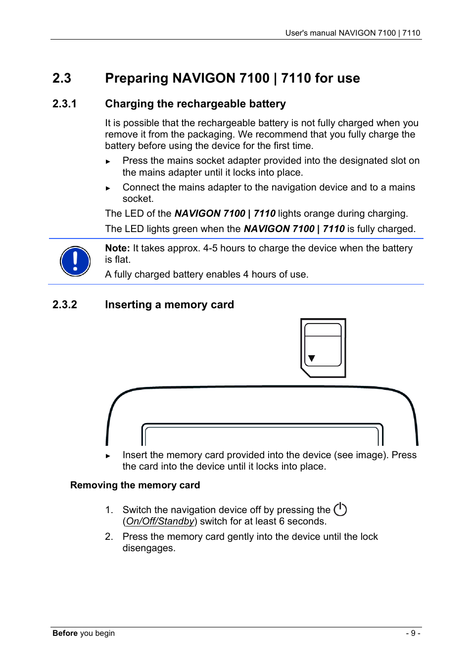 3 preparing navigon 7100 | 7110 for use, 1 charging the rechargeable battery, 2 inserting a memory card | Preparing navigon 7100 | 7110 for use, Charging the rechargeable battery, Inserting a memory card | Navigon 7110 User Manual | Page 9 / 60