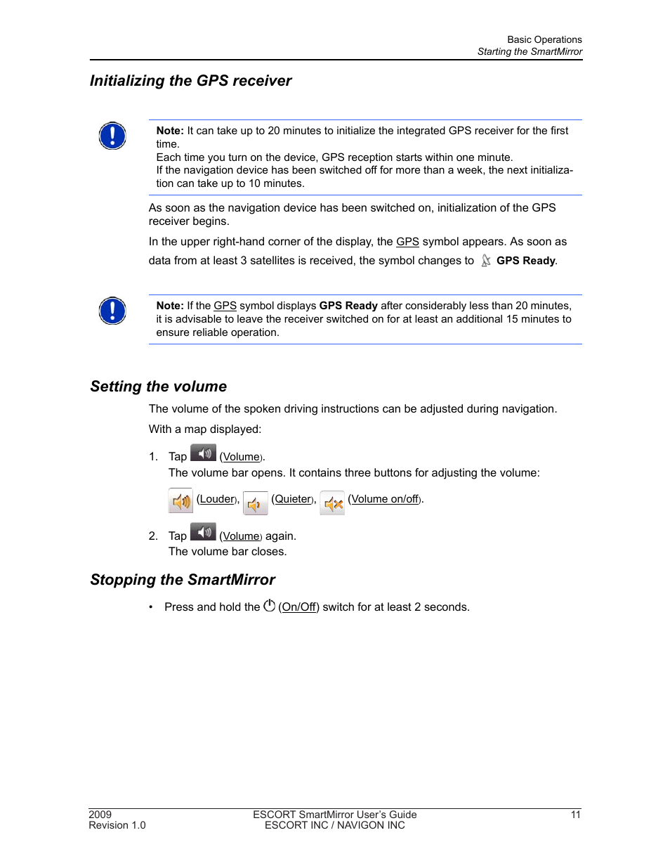 Initializing the gps receiver, Setting the volume, Stopping the smartmirror | Navigon SmartMirror User Manual | Page 17 / 68