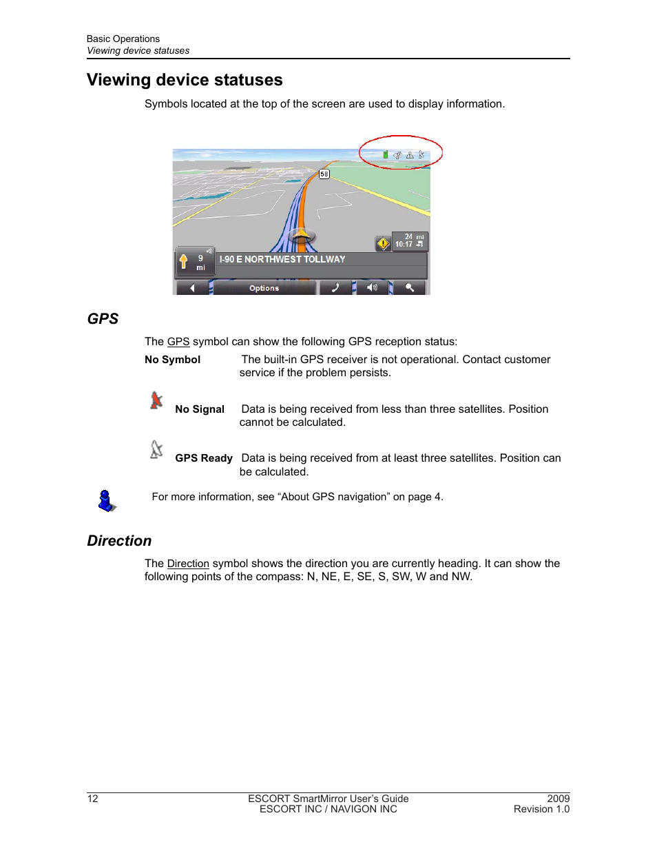 Viewing device statuses, Direction | Navigon SmartMirror User Manual | Page 18 / 68