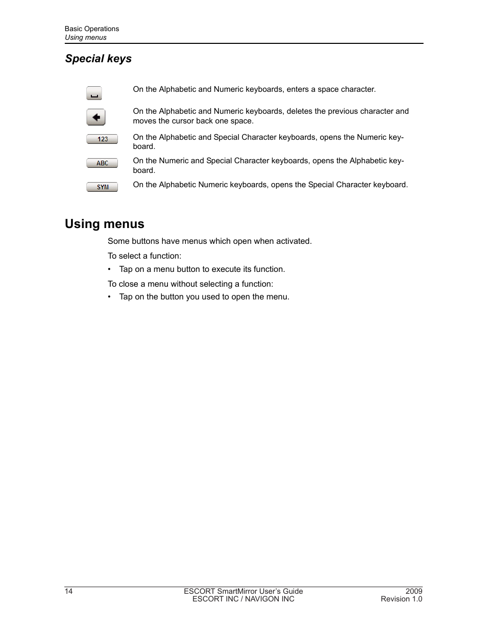 Using menus, Special keys | Navigon SmartMirror User Manual | Page 20 / 68
