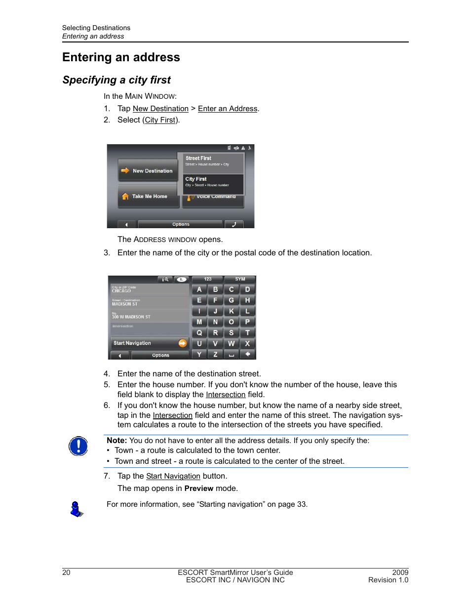 Entering an address, Specifying a city first | Navigon SmartMirror User Manual | Page 26 / 68