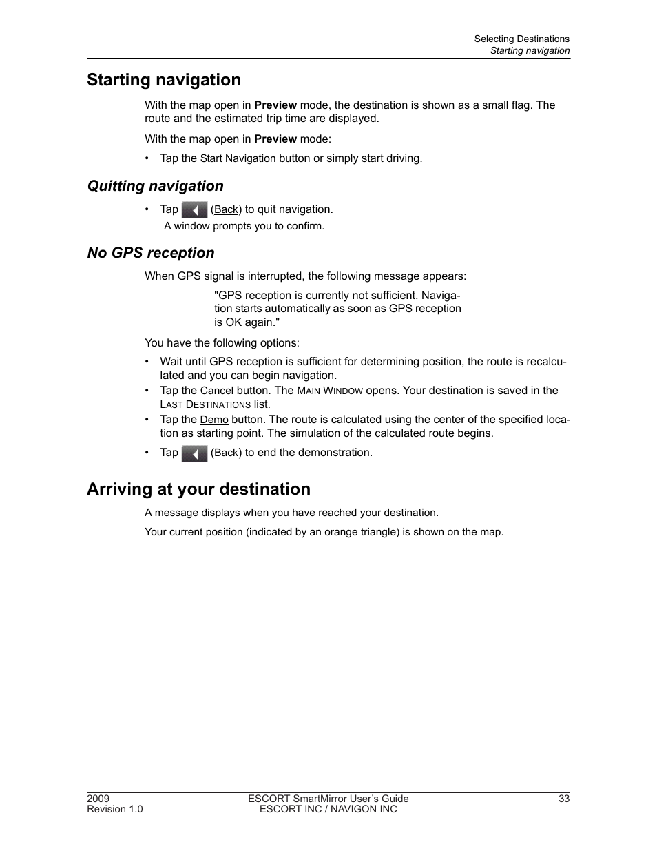 Starting navigation, Arriving at your destination, Quitting navigation | No gps reception | Navigon SmartMirror User Manual | Page 39 / 68