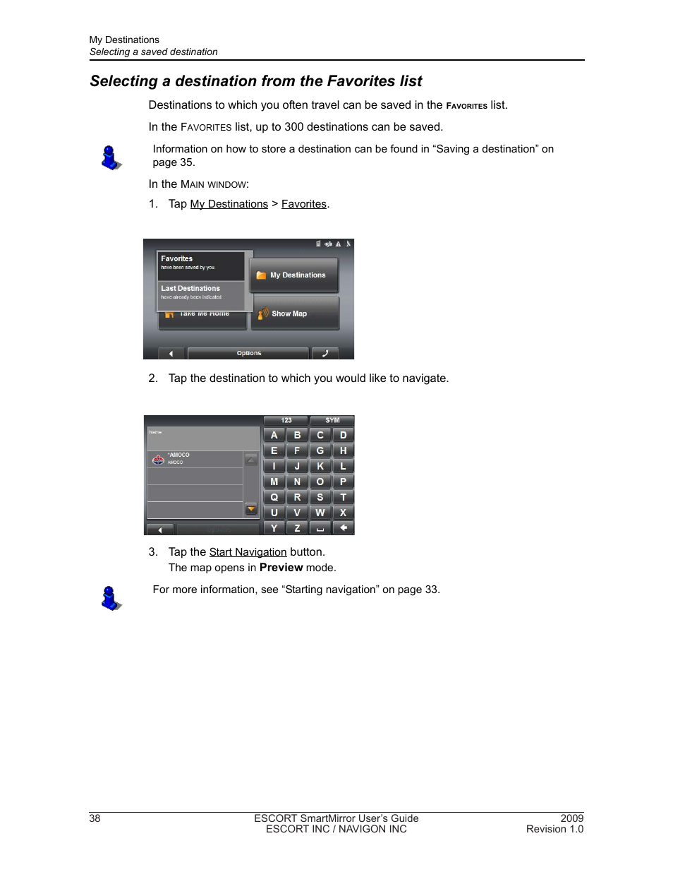 Selecting a destination from the favorites list | Navigon SmartMirror User Manual | Page 44 / 68