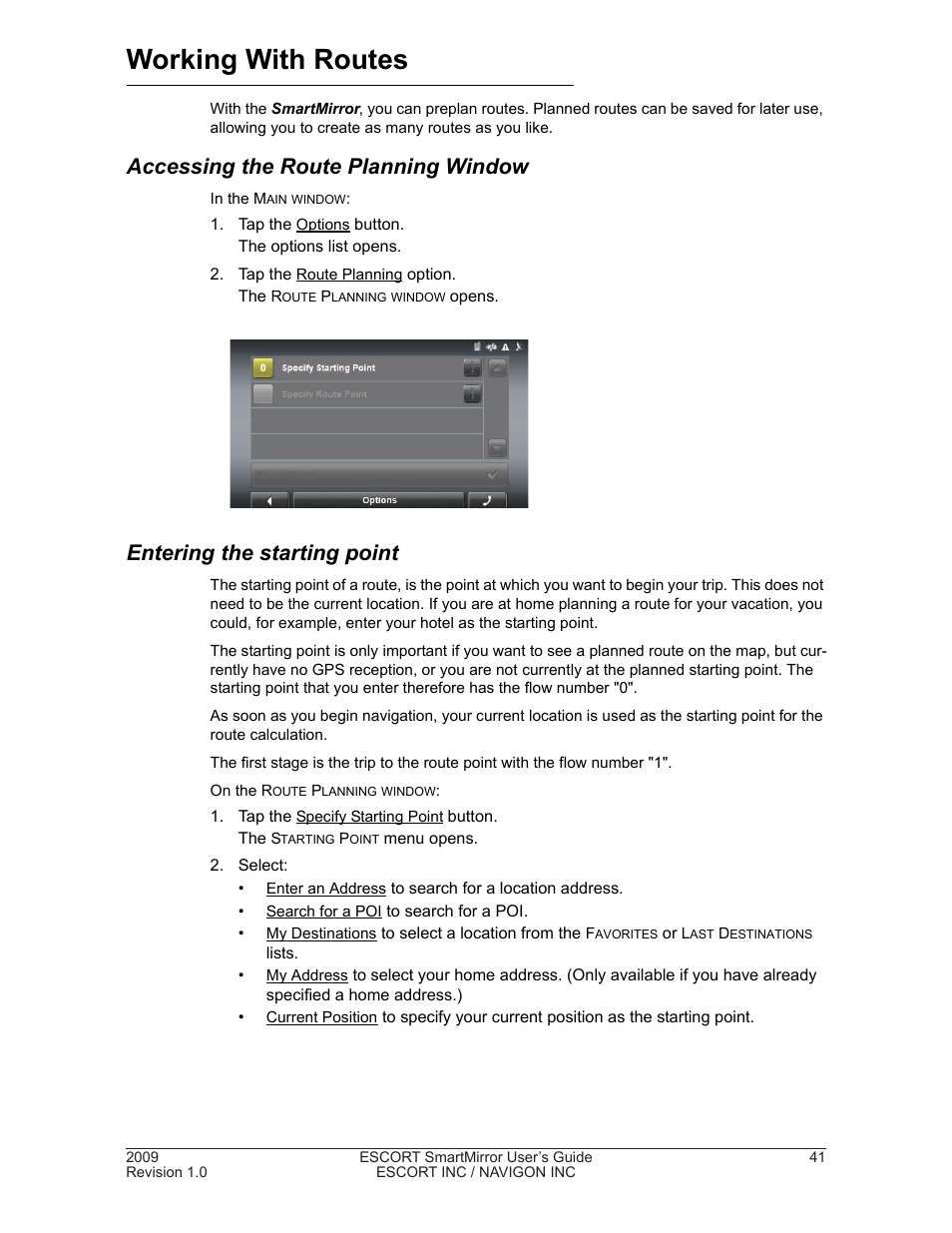 Working with routes, Accessing the route planning window, Entering the starting point | Navigon SmartMirror User Manual | Page 47 / 68