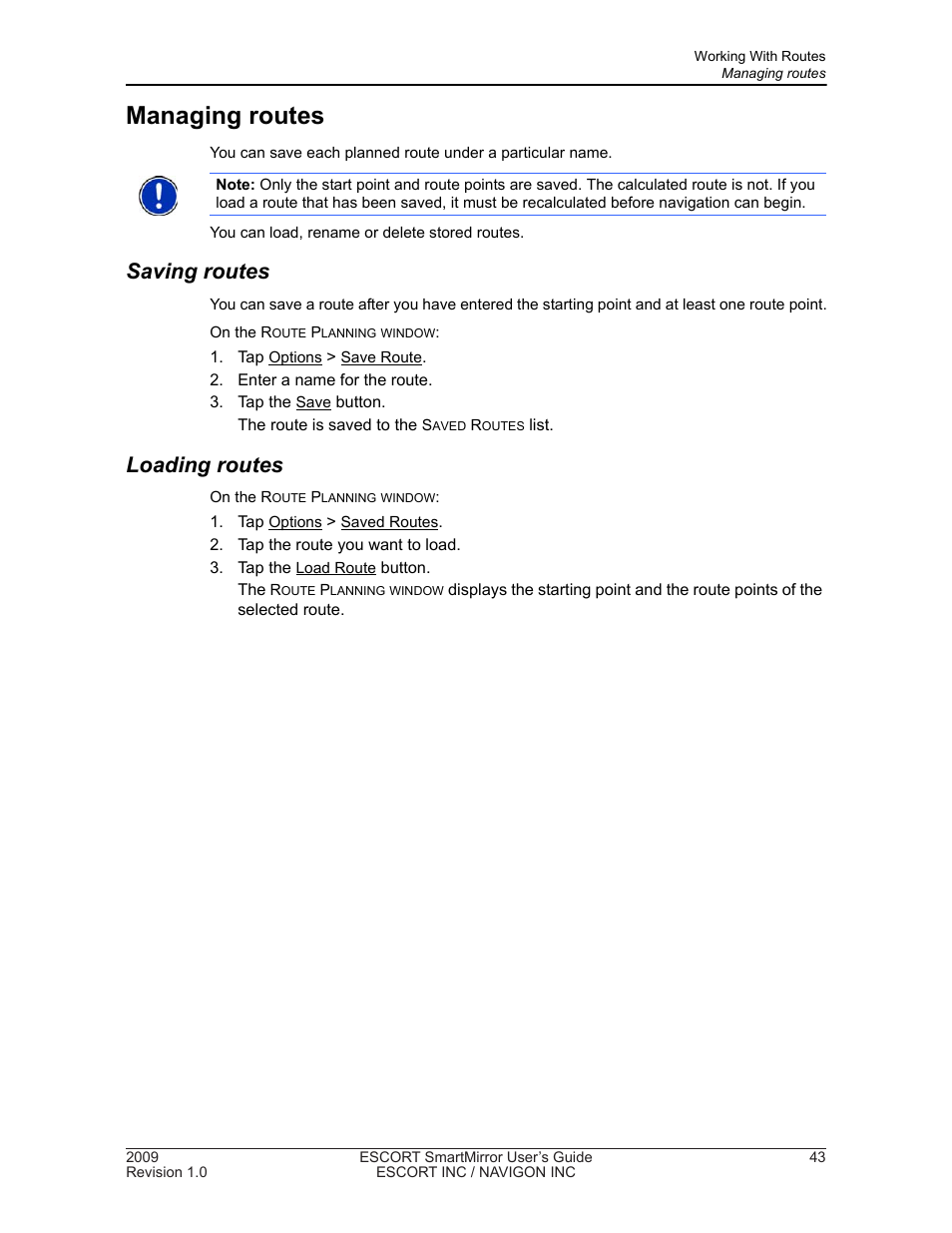 Managing routes, Saving routes, Loading routes | Navigon SmartMirror User Manual | Page 49 / 68