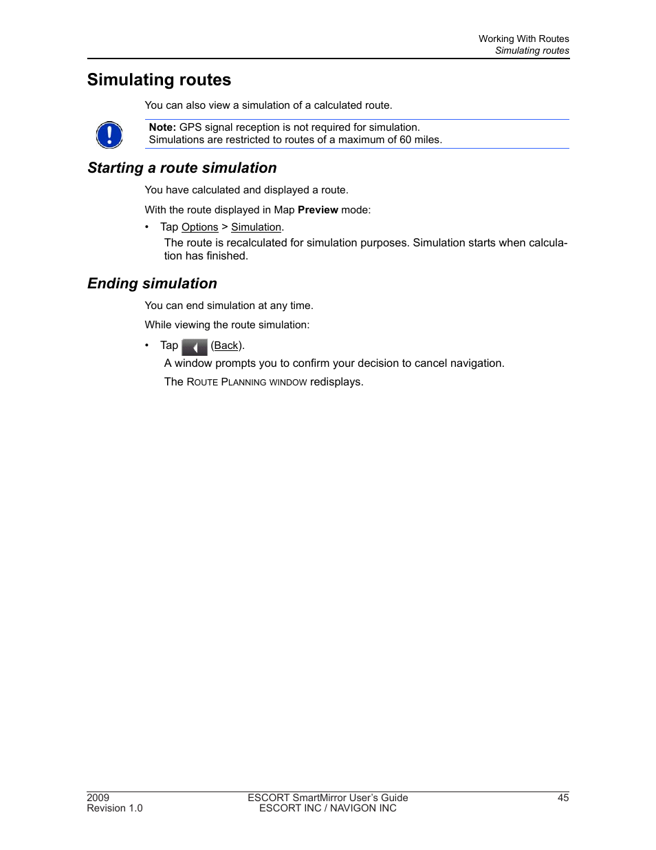 Simulating routes, Starting a route simulation, Ending simulation | Navigon SmartMirror User Manual | Page 51 / 68