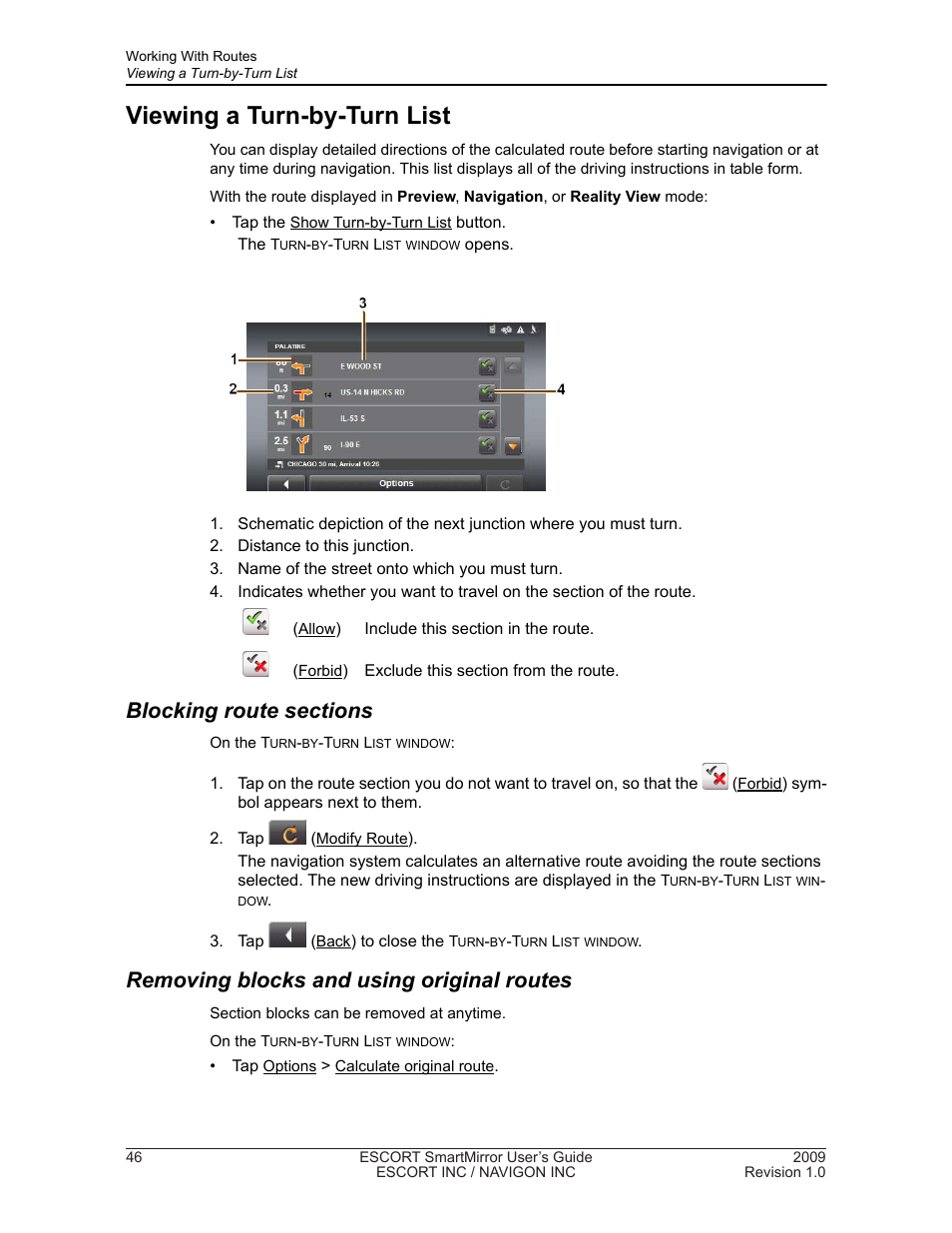 Viewing a turn-by-turn list, Removing blocks and using original routes | Navigon SmartMirror User Manual | Page 52 / 68