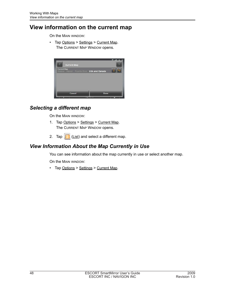 View information on the current map, Selecting a different map, View information about the map currently in use | Navigon SmartMirror User Manual | Page 54 / 68
