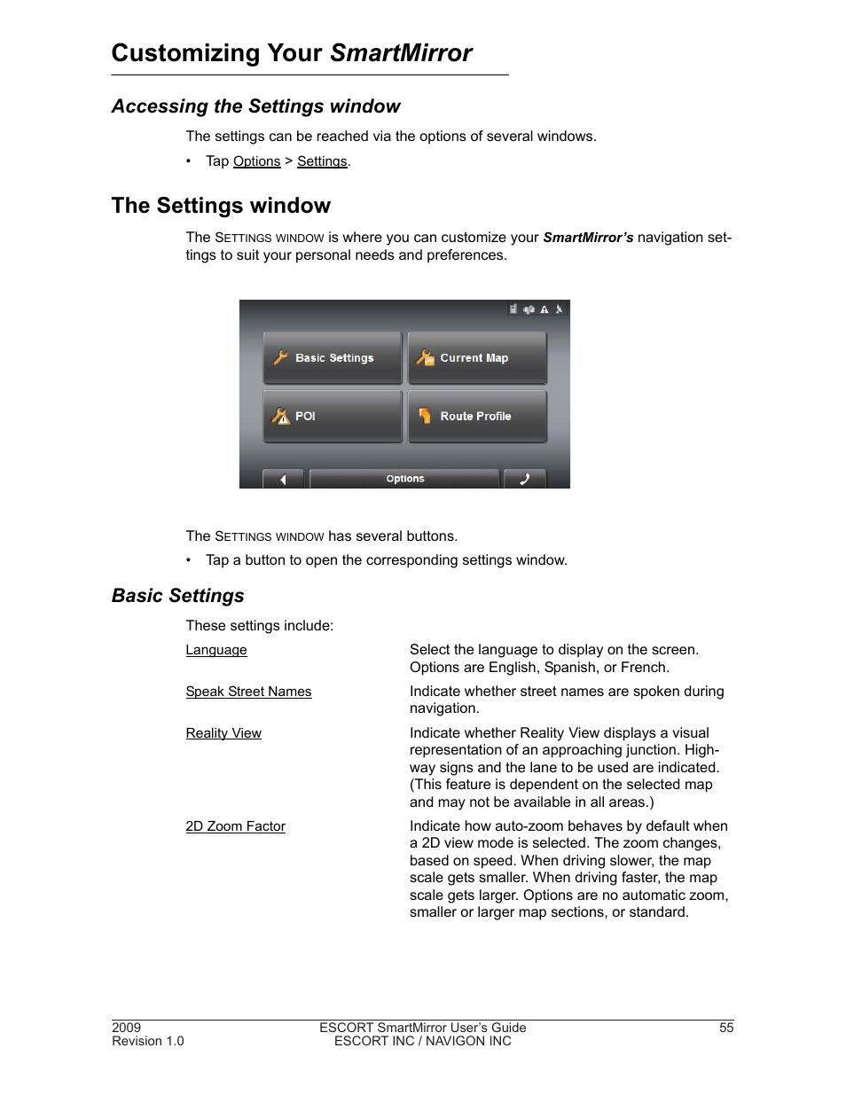 Customizing your smartmirror, The settings window, Accessing the settings window | Basic settings | Navigon SmartMirror User Manual | Page 61 / 68