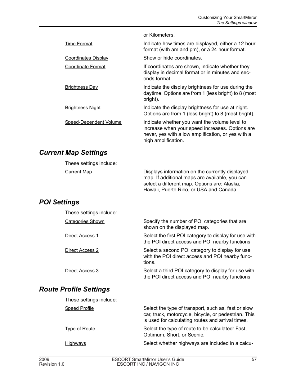 Current map settings, Poi settings, Route profile settings | Navigon SmartMirror User Manual | Page 63 / 68