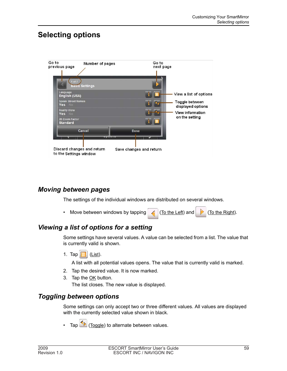 Selecting options, Moving between pages, Viewing a list of options for a setting | Toggling between options | Navigon SmartMirror User Manual | Page 65 / 68
