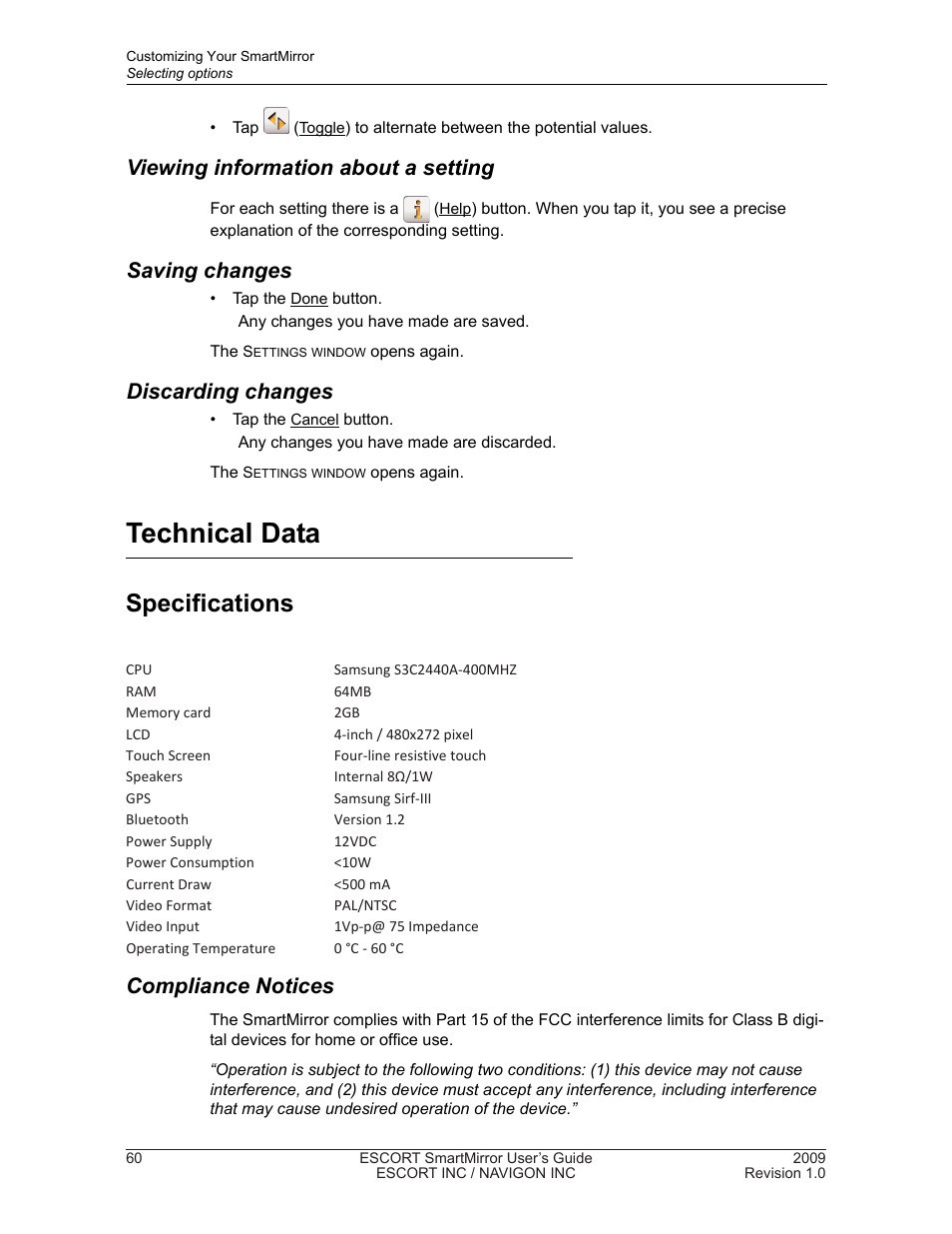 Technical data, Specifications, Viewing information about a setting | Saving changes, Discarding changes, Compliance notices | Navigon SmartMirror User Manual | Page 66 / 68