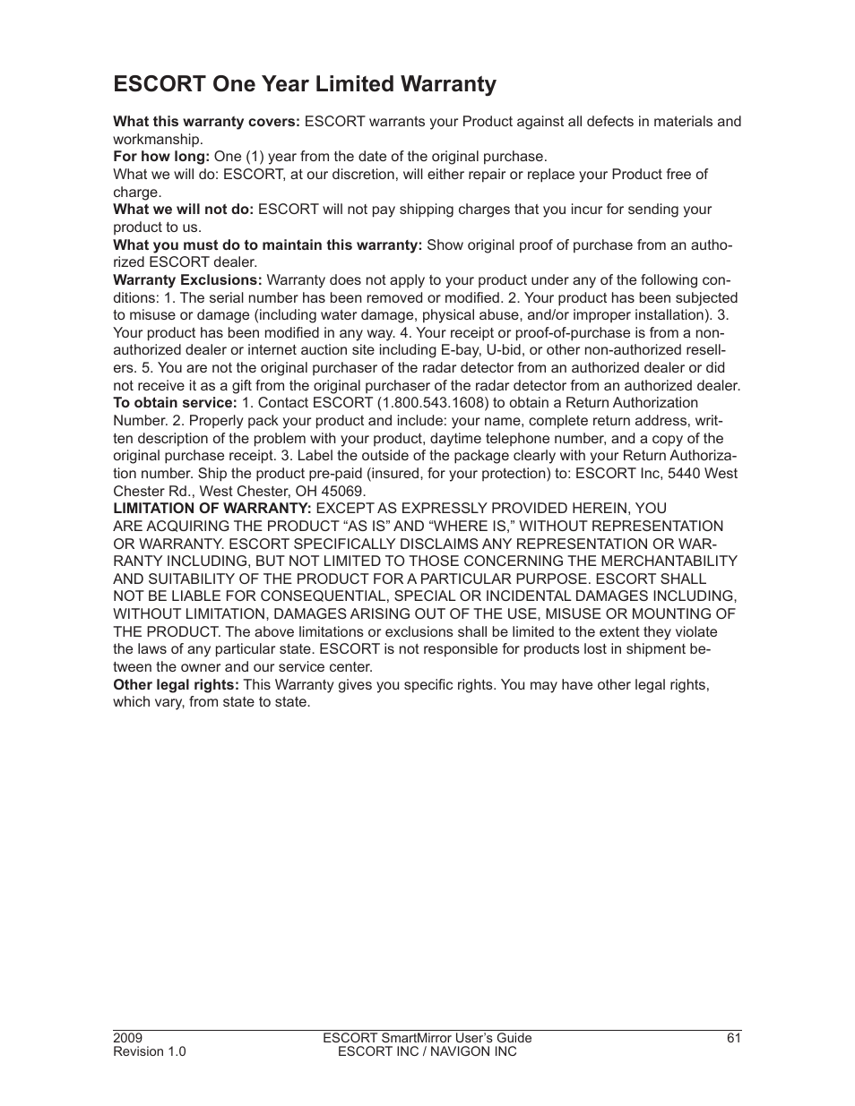 Technical data, Specifications, Escort one year limited warranty | Viewing information about a setting, Saving changes, Discarding changes, Compliance notices | Navigon SmartMirror User Manual | Page 67 / 68