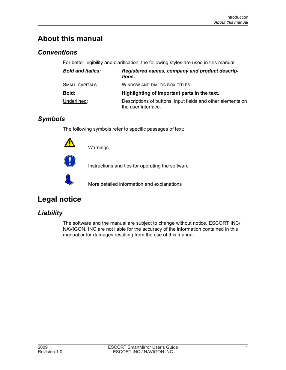 Introduction, About this manual, Legal notice | Conventions, Symbols, Liability | Navigon SmartMirror User Manual | Page 7 / 68