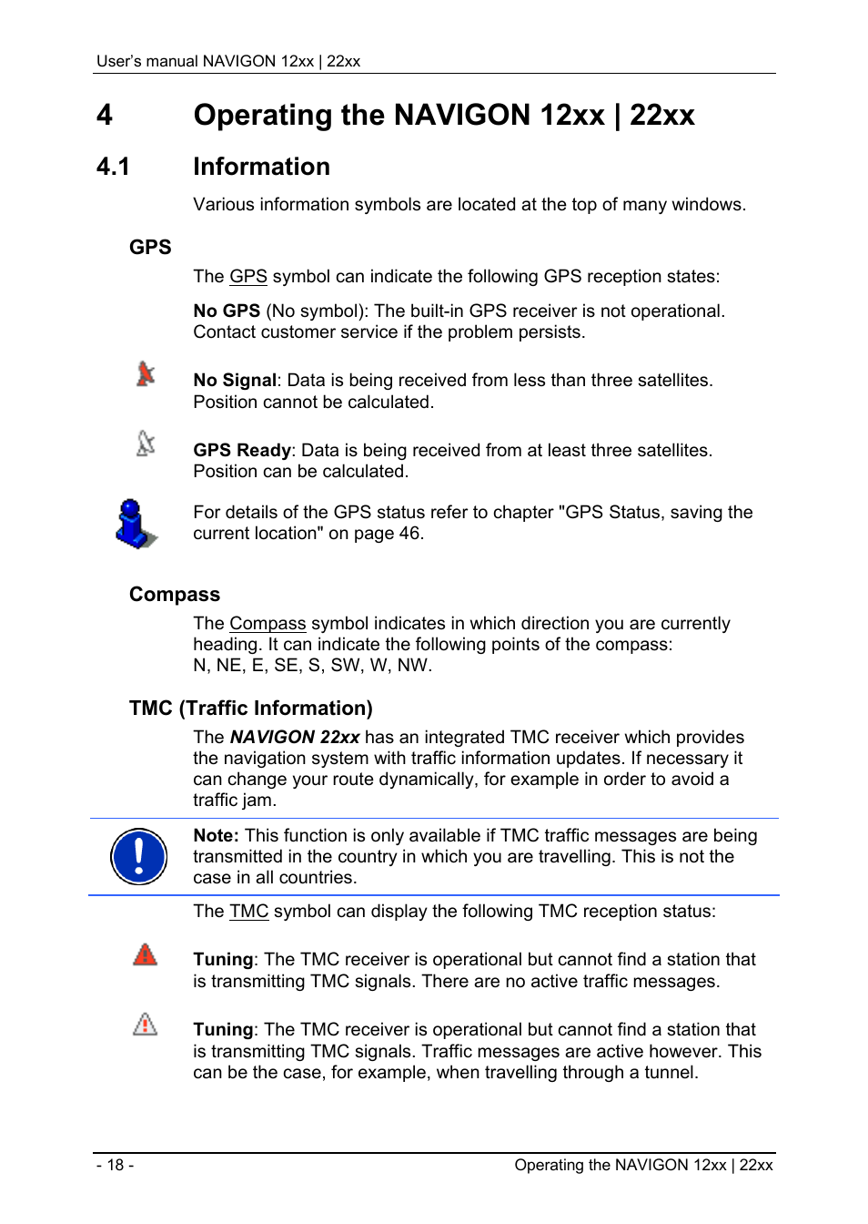 4 operating the navigon 12xx | 22xx, 1 information, Operating the navigon 12xx | 22xx | Information | Navigon 12xx User Manual | Page 18 / 58