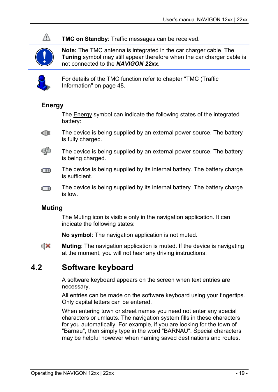 2 software keyboard, Software keyboard, Energy | Muting | Navigon 12xx User Manual | Page 19 / 58