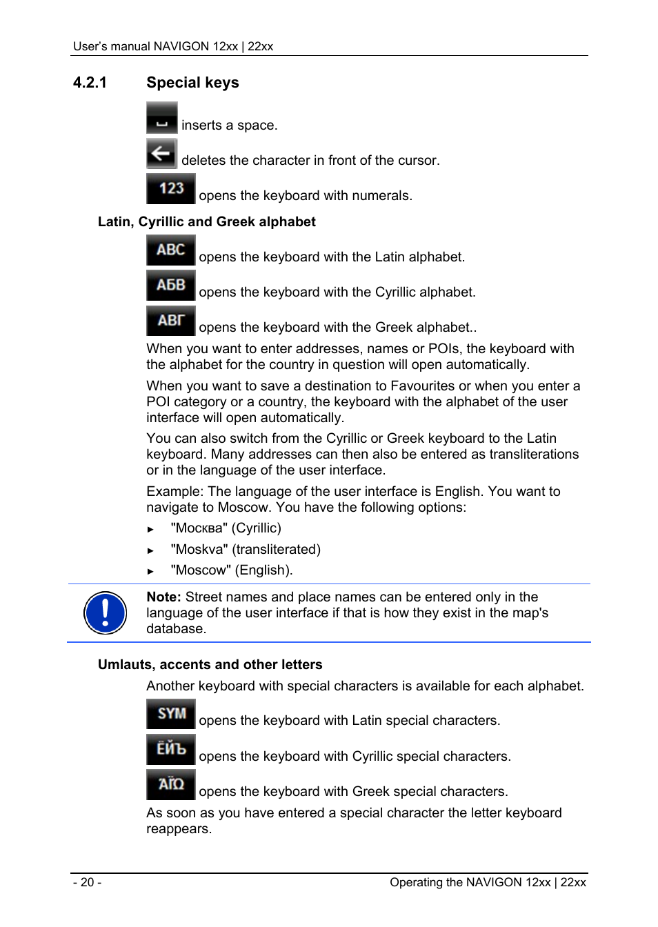 1 special keys, Special keys | Navigon 12xx User Manual | Page 20 / 58