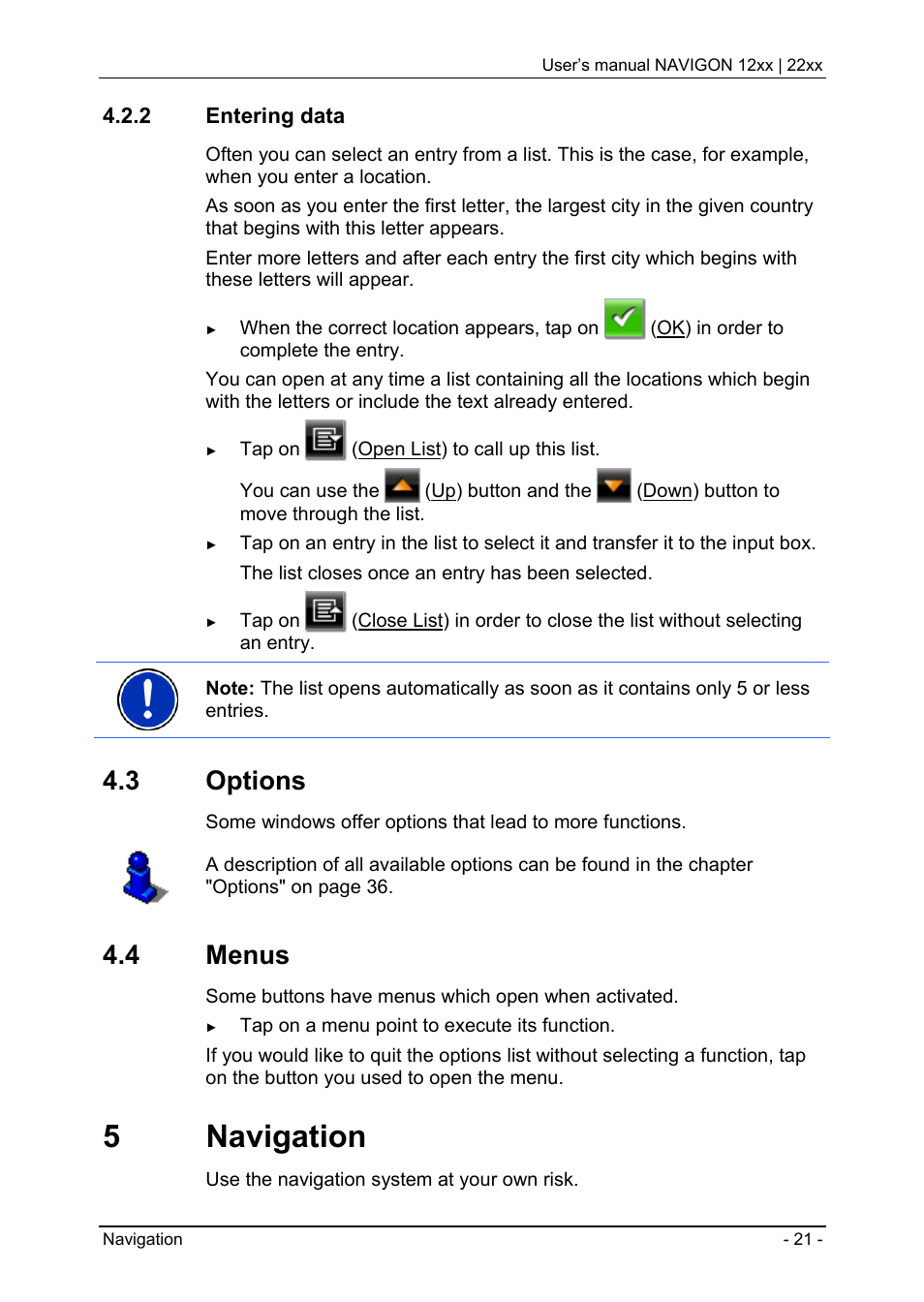 2 entering data, 3 options, 4 menus | 5 navigation, Entering data, Options | Navigon 12xx User Manual | Page 21 / 58