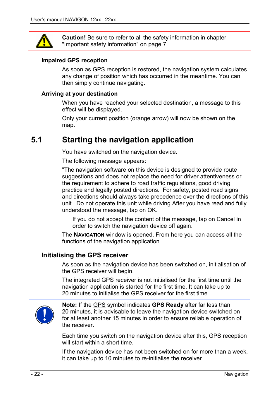 1 starting the navigation application, Menus, Navigation | Starting the navigation application, Initialising the gps receiver" on pag, Initialising the gps receiver | Navigon 12xx User Manual | Page 22 / 58