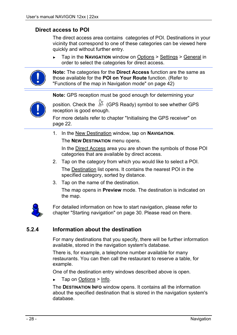 4 information about the destination, Direct access to poi" on, To "information about the destination" on | Direct access to poi | Navigon 12xx User Manual | Page 28 / 58