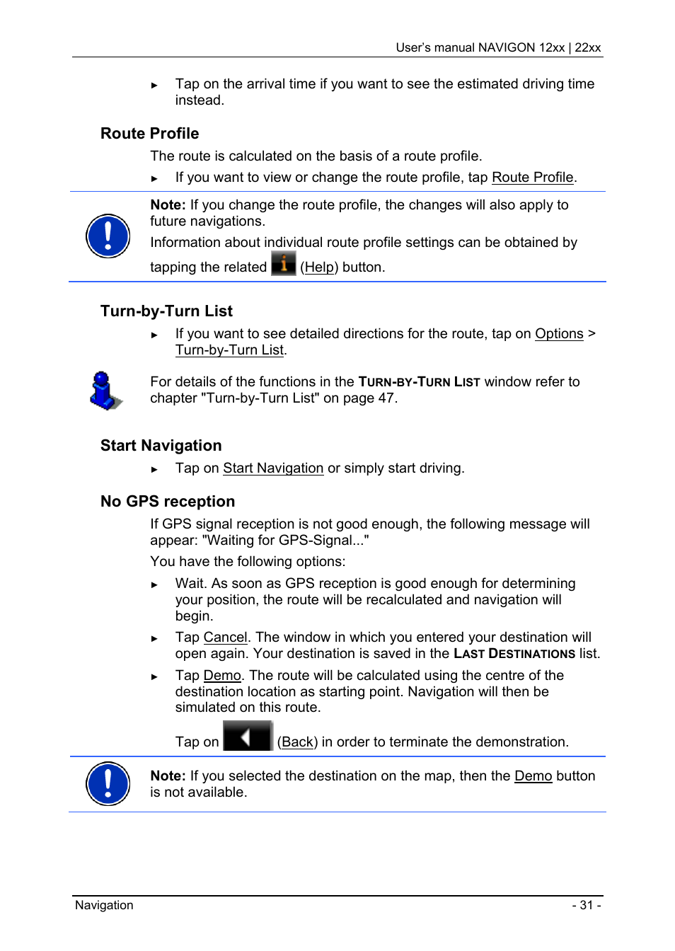 Navigating home, Selecting destinations on the map, Route profile | Turn-by-turn list, Start navigation, No gps reception | Navigon 12xx User Manual | Page 31 / 58