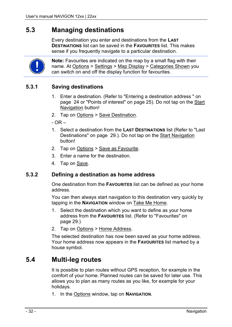 3 managing destinations, 1 saving destinations, 2 defining a destination as home address | 4 multi-leg routes, Starting navigation | Navigon 12xx User Manual | Page 32 / 58
