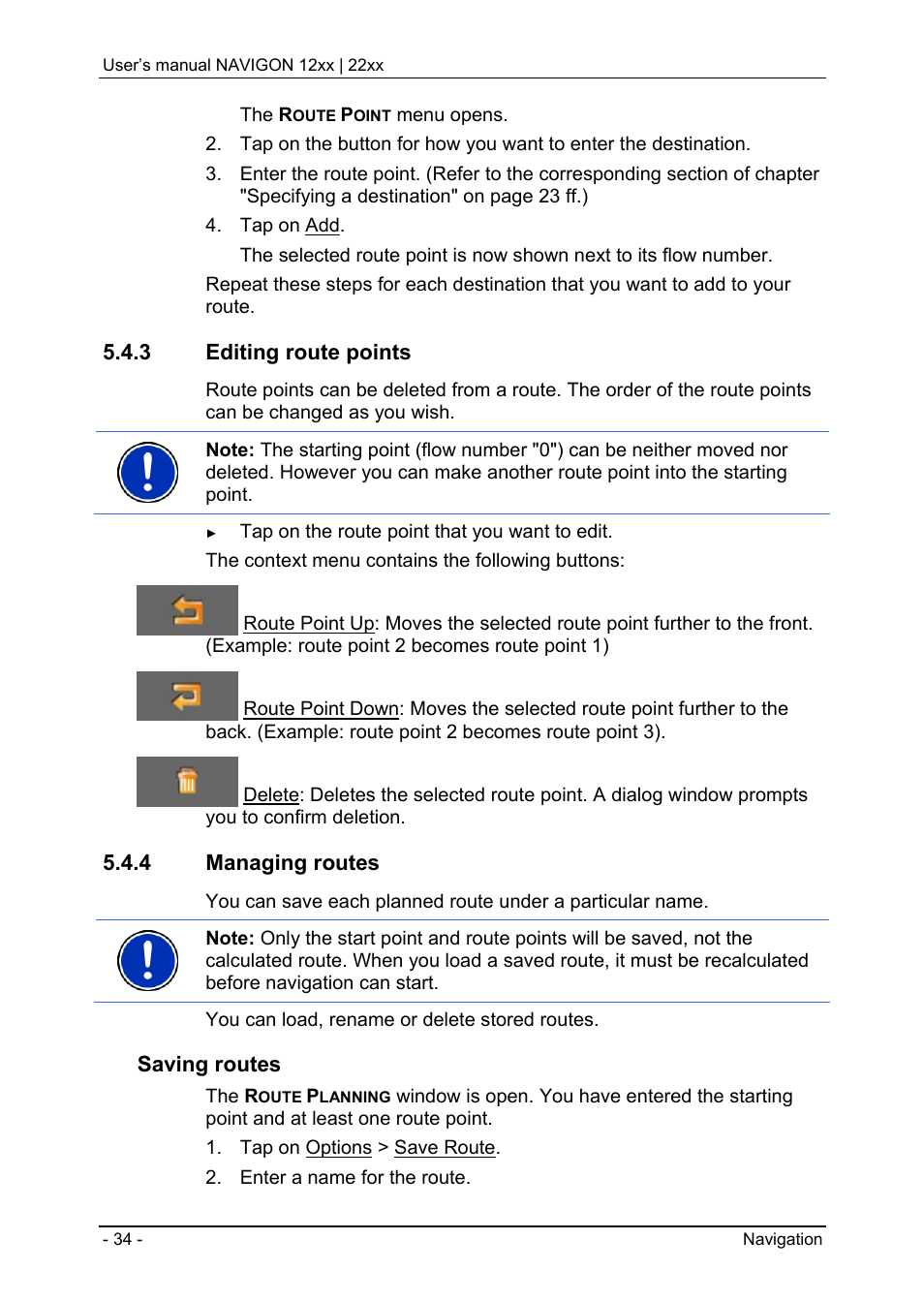 3 editing route points, 4 managing routes, Defining a destination as home address | Multi-leg routes, Entering the starting point, Saving routes | Navigon 12xx User Manual | Page 34 / 58