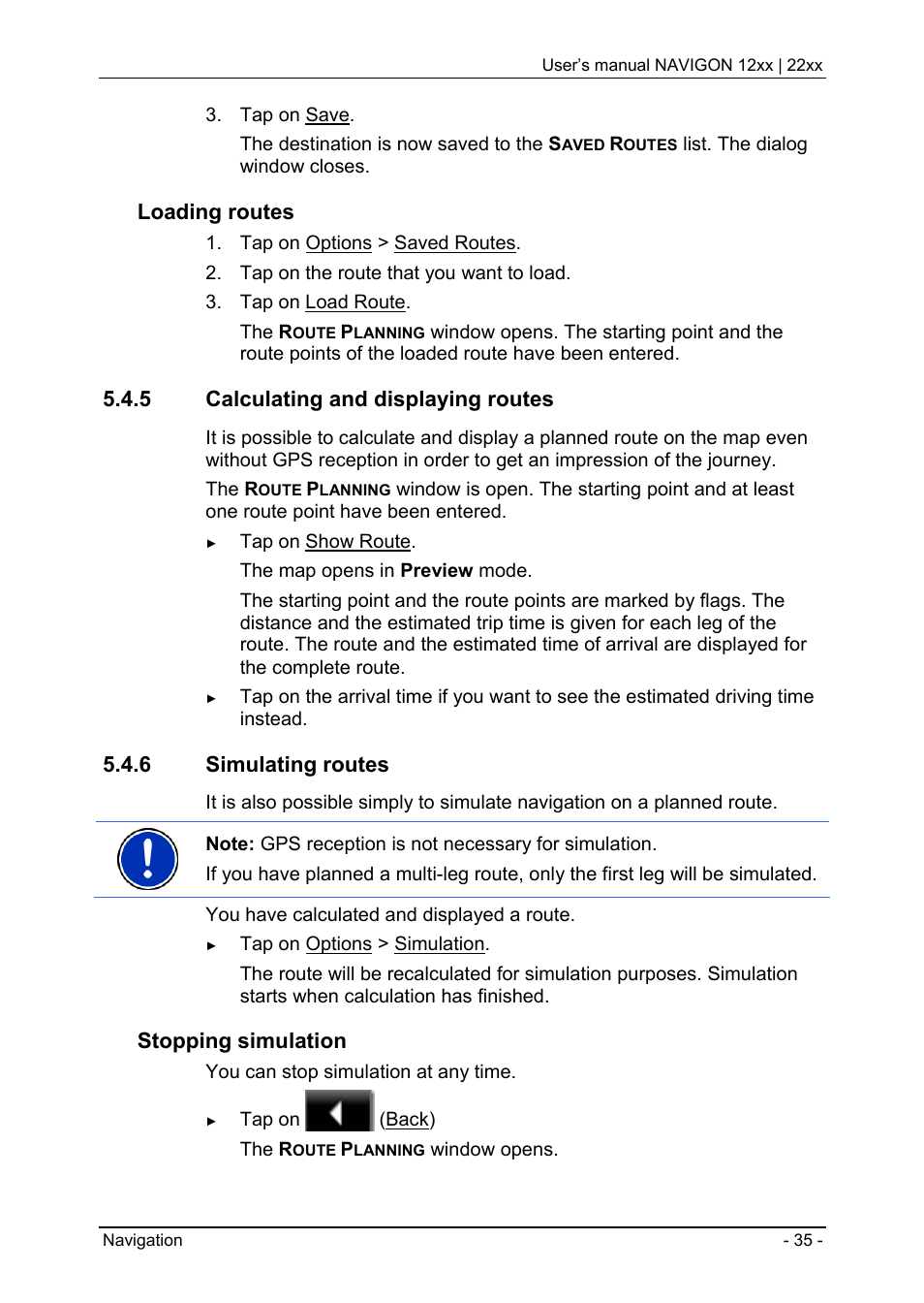 5 calculating and displaying routes, 6 simulating routes, Entering route points | Editing route points, Loading routes, Stopping simulation | Navigon 12xx User Manual | Page 35 / 58