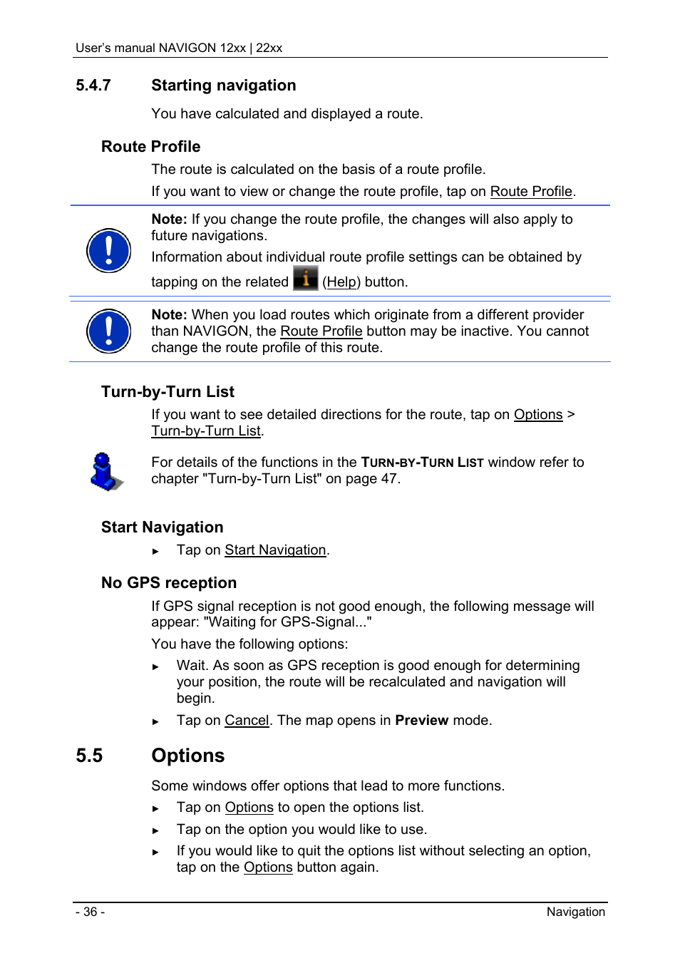 7 starting navigation, 5 options, Managing routes | Options" on, Route profile, Turn-by-turn list, Start navigation, No gps reception | Navigon 12xx User Manual | Page 36 / 58