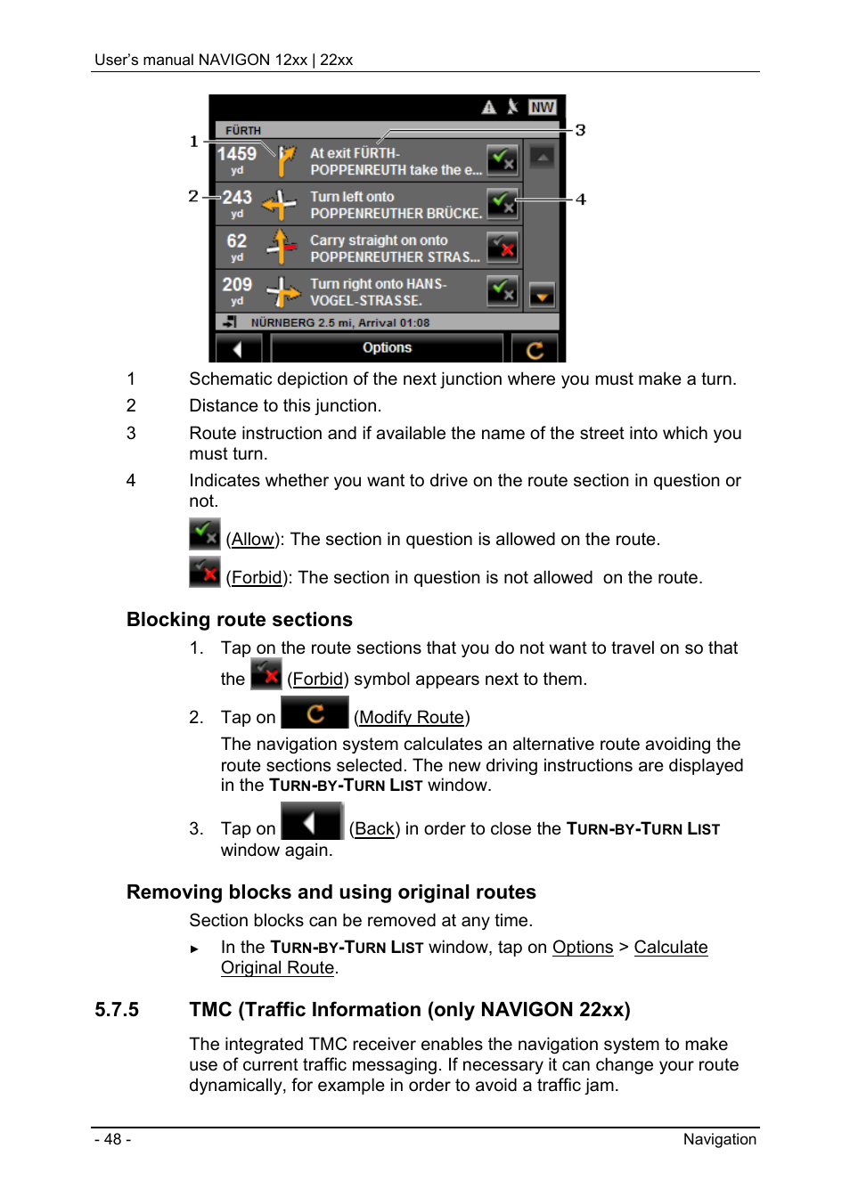 5 tmc (traffic information (only navigon 22xx), Useful functions, Direct help | Tmc (traffic information, To "tmc (traffic information" o, Age 48), Removing blocks and using original routes | Navigon 12xx User Manual | Page 48 / 58