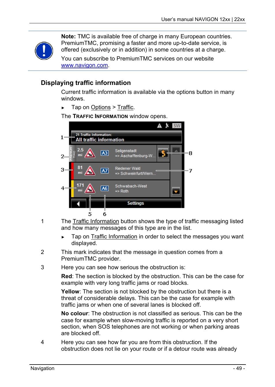 Gps status, saving the current location, Block, Displaying traffic information | Navigon 12xx User Manual | Page 49 / 58