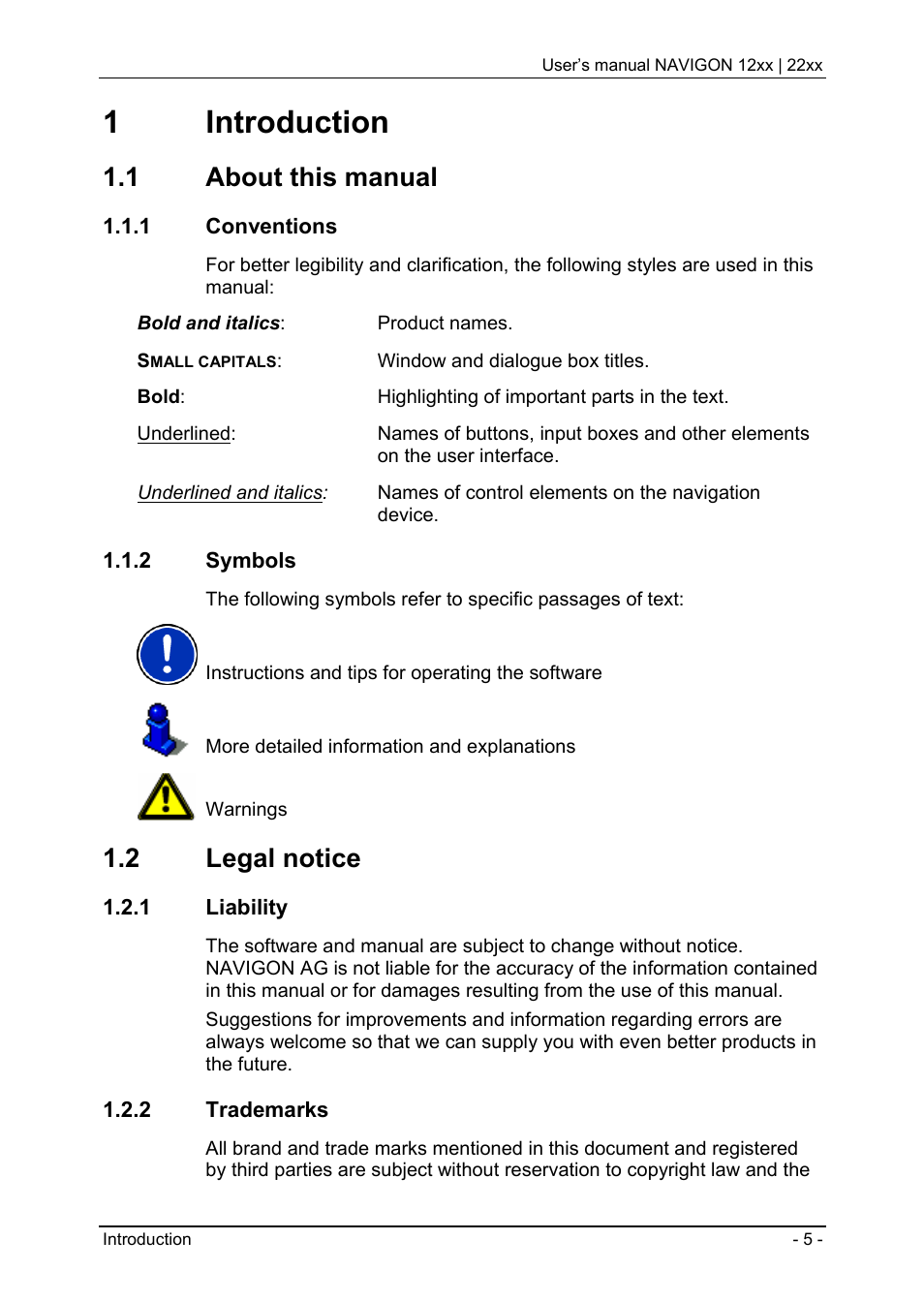 1 introduction, 1 about this manual, 1 conventions | 2 symbols, 2 legal notice, 1 liability, 2 trademarks, Introduction, About this manual, Conventions | Navigon 12xx User Manual | Page 5 / 58