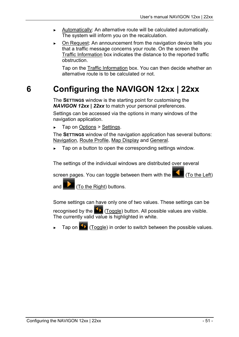 6 configuring the navigon 12xx | 22xx, Tmc (traffic information (only navigon 22xx), Configuring the navigon 12xx | 22xx" on pag | Navigon 12xx User Manual | Page 51 / 58