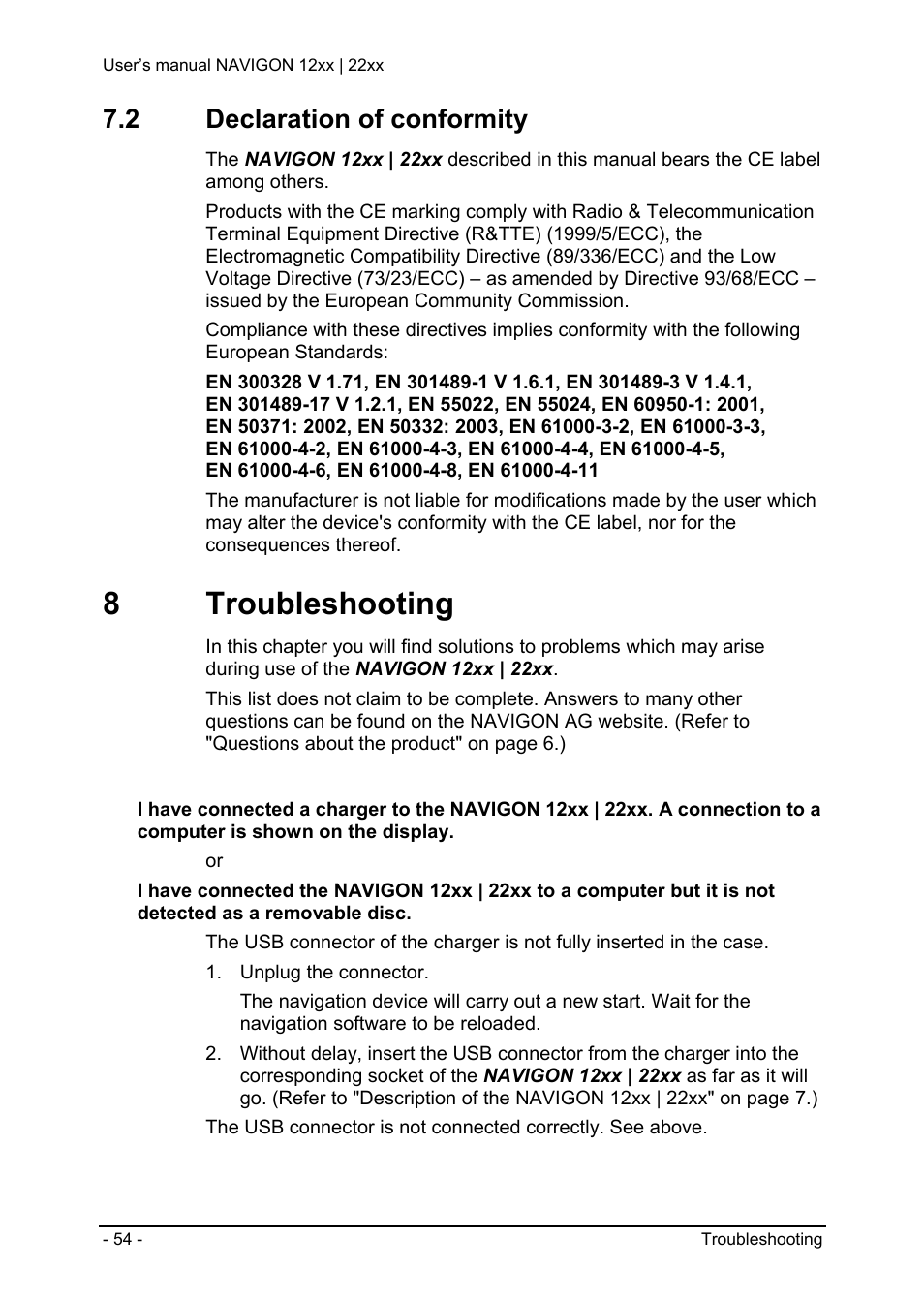 2 declaration of conformity, 8 troubleshooting, Configuring the navigon 12xx | 22xx | Troubleshooting" on pag | Navigon 12xx User Manual | Page 54 / 58