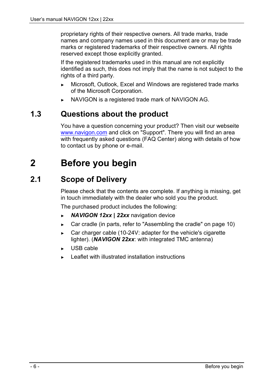 3 questions about the product, 2 before you begin, 1 scope of delivery | Trademarks, Questions about the product, Before you begin, Scope of delivery, 2before you begin | Navigon 12xx User Manual | Page 6 / 58