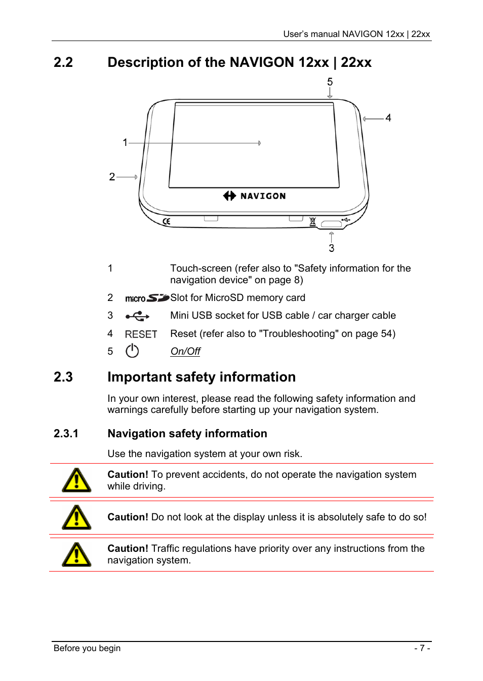 2 description of the navigon 12xx | 22xx, 3 important safety information, 1 navigation safety information | Description of the navigon 12xx | 22xx, Important safety information, Navigation safety information | Navigon 12xx User Manual | Page 7 / 58