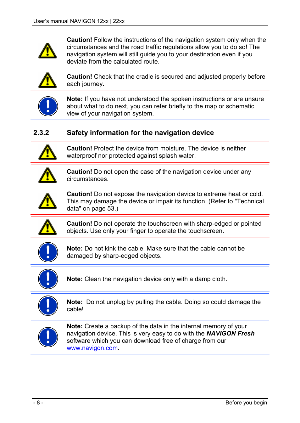 2 safety information for the navigation device, Safety information for the navigation device | Navigon 12xx User Manual | Page 8 / 58