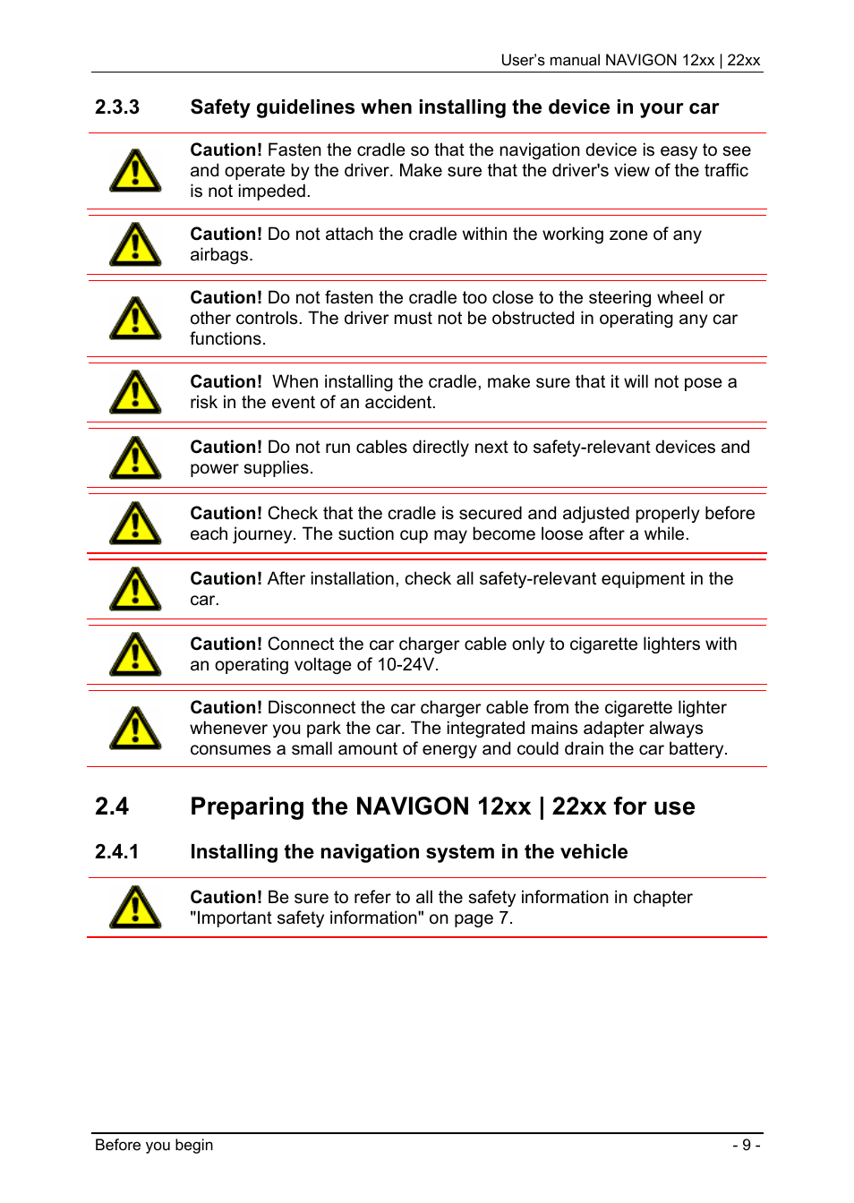 4 preparing the navigon 12xx | 22xx for use, 1 installing the navigation system in the vehicle, Preparing the navigon 12xx | 22xx for use | Installing the navigation system in the vehicle | Navigon 12xx User Manual | Page 9 / 58