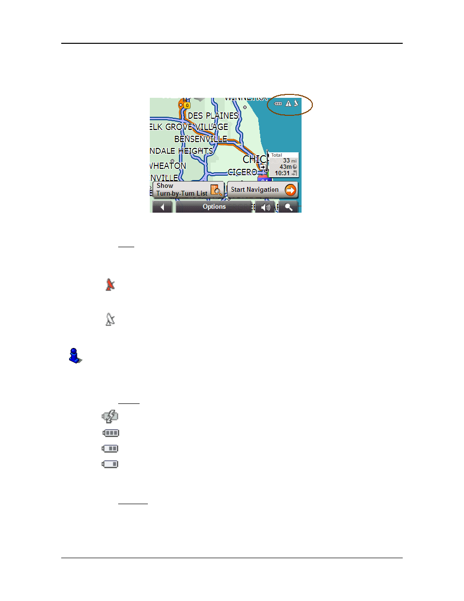 Viewing device statuses, Power, Direction | Gps power direction | Navigon 5100 User Manual | Page 28 / 98